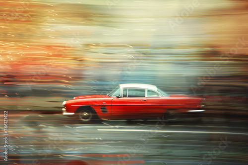 Antique retro vintage red car in high speed at the road on blurred background, ai generated in blur art photography style