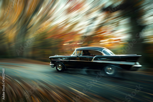 Antique retro vintage car in high speed at the road on blurred background with a spectacular rays of light, ai generated in blur art photography style