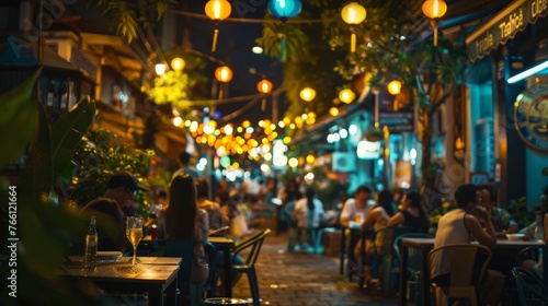 A bustling restaurant scene with people dining outside in summer, illuminated by street lights and hanging lanterns