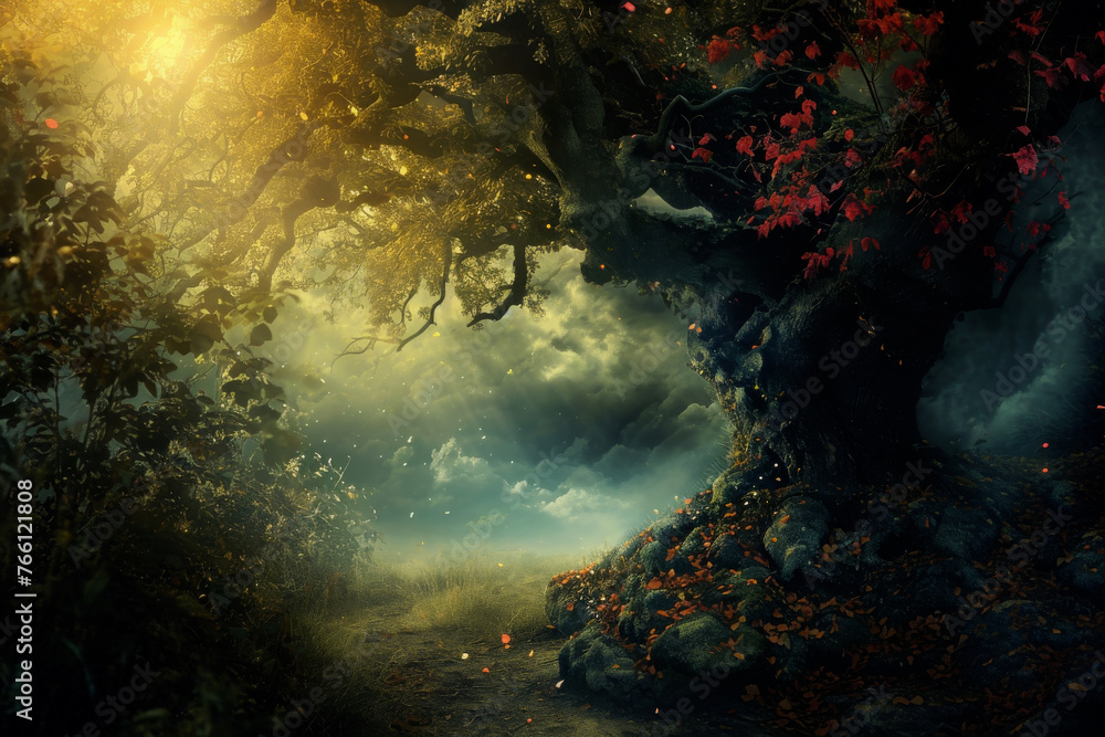 Creative fairytale background with a magical forest and path, a clearing in the forest is shrouded in fog. Concept of magic, fairy tale, travel, childhood - obrazy, fototapety, plakaty 