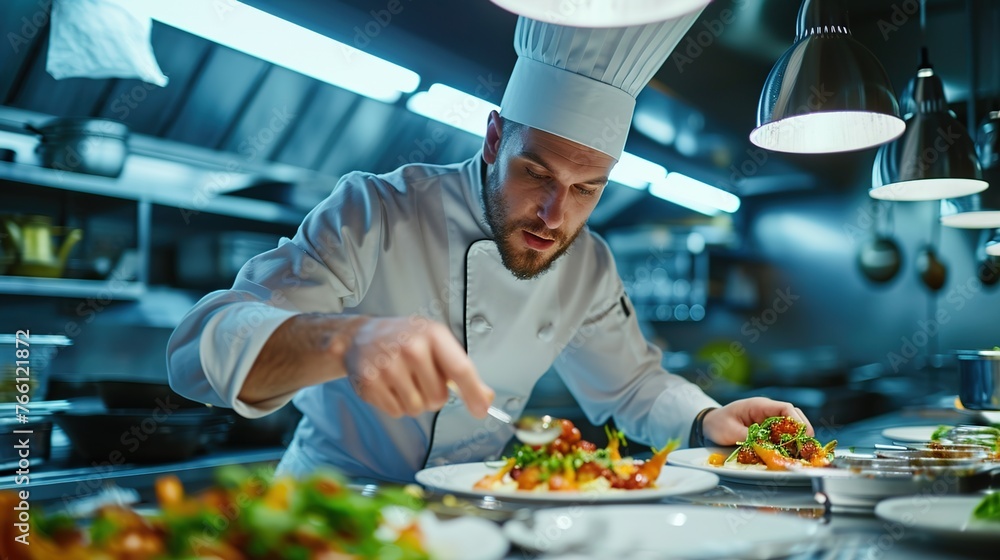 Cooking in a commercial kitchen, a man putting food on a plate Cooking in a commercial kitchen, a man putting food on a plate