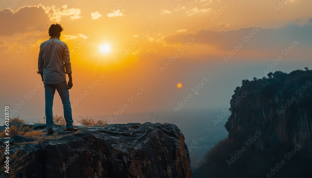 A man stands on a cliff overlooking a city at sunset