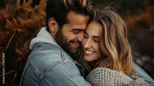 adoring youthful couple on a background of nature, cuddling and grinning