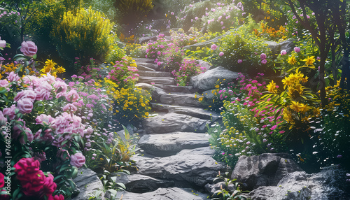 A path through a garden with flowers and rocks