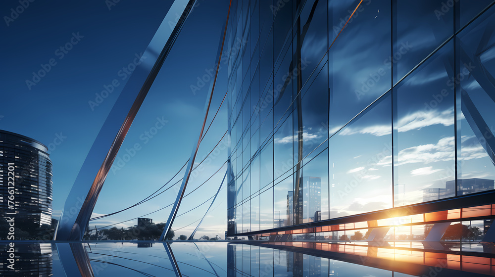 Naklejka premium 3D rendering of glass office building, futuristic architecture