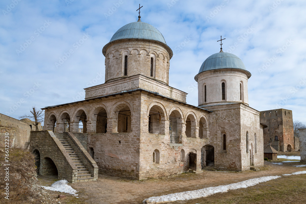 Ancient Assumption Church in the Ivangorod fortress on a March day. Leningrad oblast, Russia