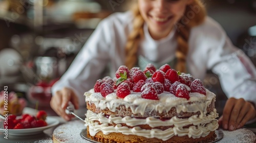 pastry chef making strawberry cake