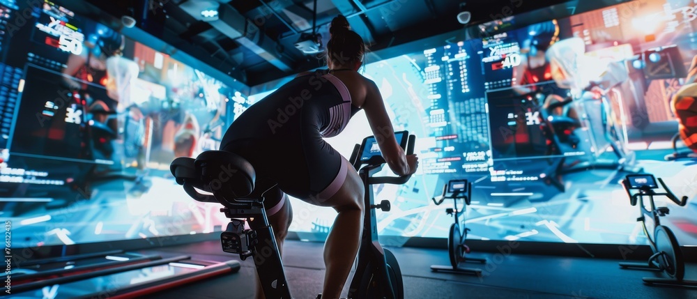 Futuristic Indoor Cycling: Athlete on a Spin Bike in a Virtual Reality Fitness Class - obrazy, fototapety, plakaty 