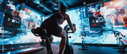 Futuristic Indoor Cycling: Athlete on a Spin Bike in a Virtual Reality Fitness Class photo