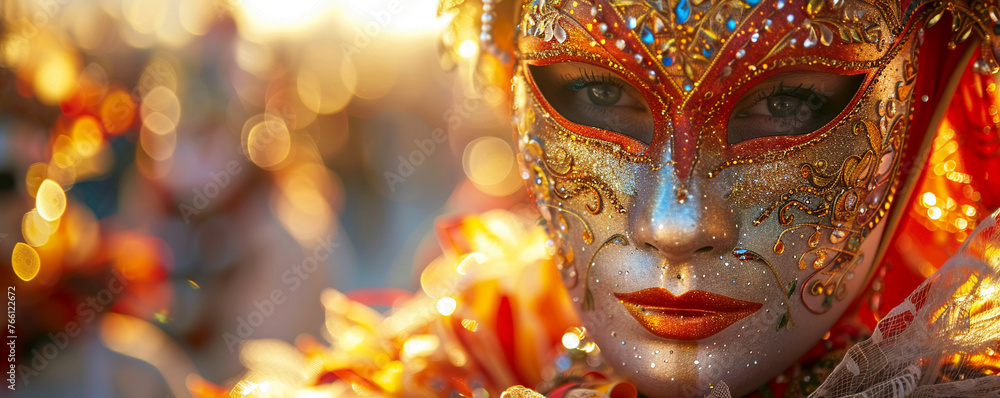 Masquerade Mask, Intricately Designed, Carnival celebration in Venice, Italy, Amidst a parade of colorful costumes, Realistic, Golden Hour, Depth of Field Bokeh Effect