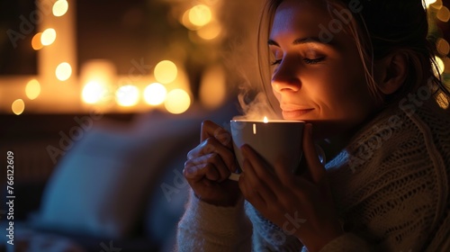 Calm lady in her nighttime at home, inhaling the aroma of decaf coffee 