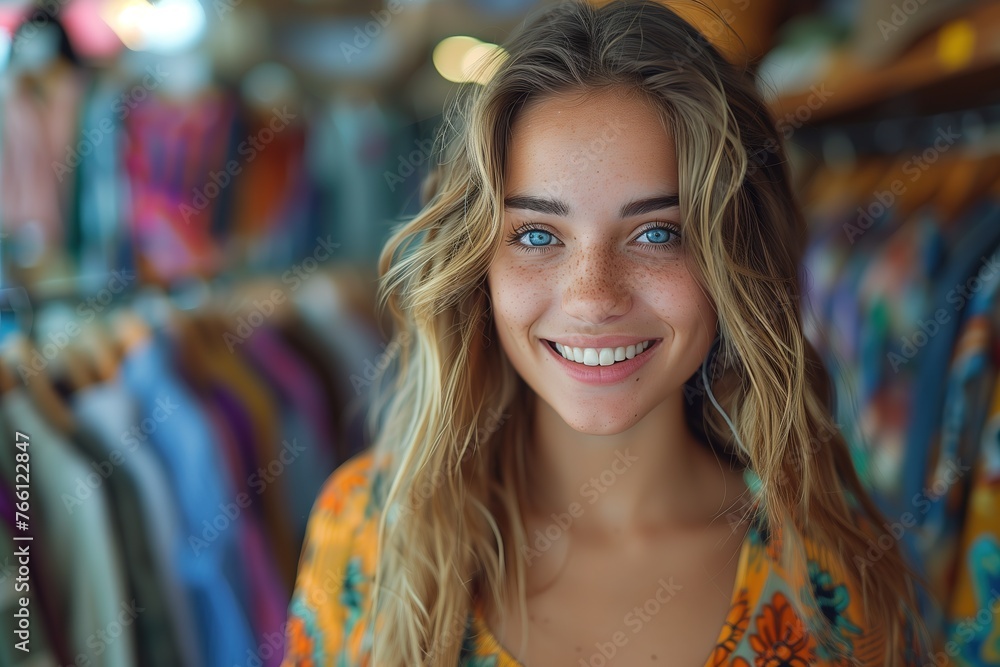 pretty girl at secondhand clothes shop buying new clothes, Generative Ai pretty girl at secondhand clothes shop buying new clothes, Generative Ai