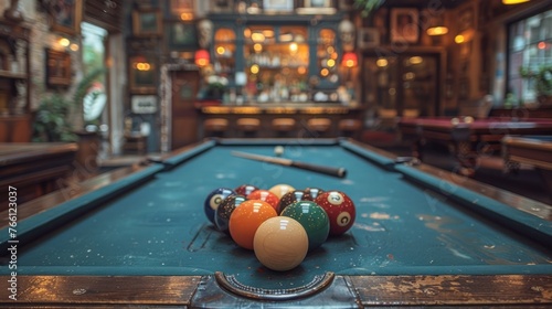 Antique table and antique pool cue photo