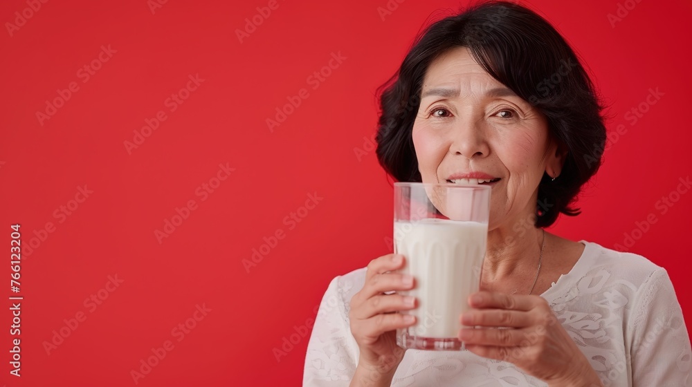 Asian elderly woman consuming milk for healthy eating and calcium Asian elderly woman consuming milk for healthy eating and calcium