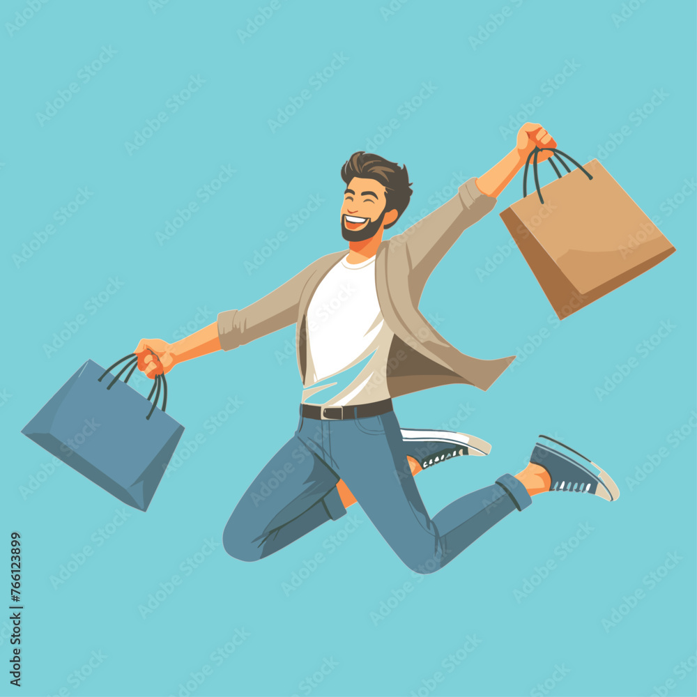 Happy man jumping with paper bags. buying with big discount concept vector Happy man jumping with paper bags. buying with big discount concept vector