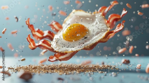 A creative display of breakfast in motion with bacon strips and fried eggs suspended in midair, surrounded by sprinkles of spices , 3D illustration © Pungu x