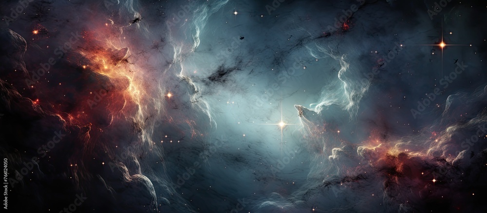 The image resembles a celestial scene with swirling clouds of gas and electric blue hues, resembling a nebula in space