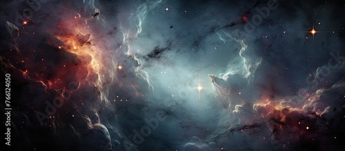 The image resembles a celestial scene with swirling clouds of gas and electric blue hues, resembling a nebula in space
