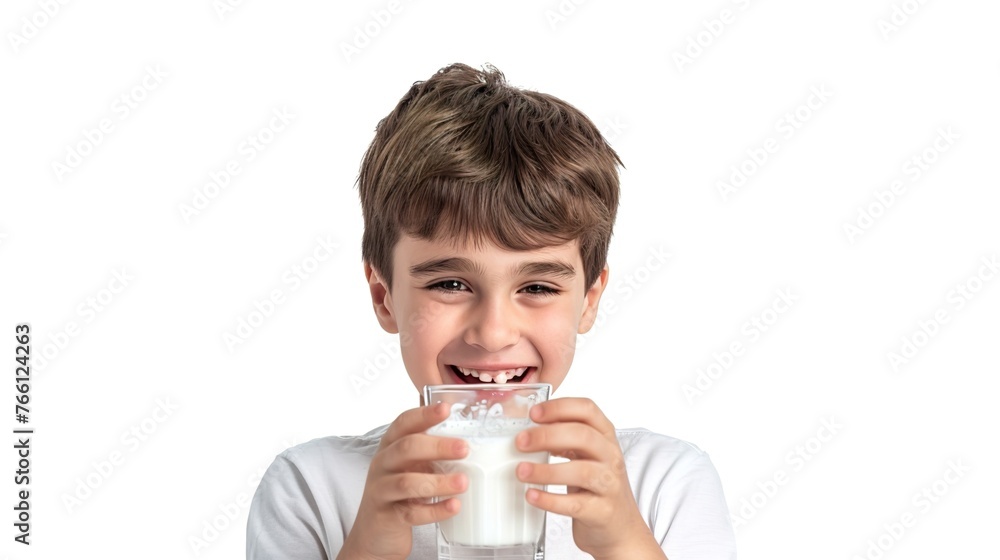 Child drinking milk while holding a glass of milk on white background Child drinking milk while holding a glass of milk on white background