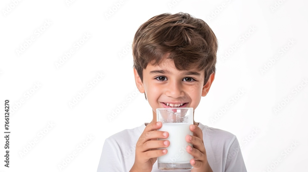 A child is drinking milk while holding a glass of milk on white background A child is drinking milk while holding a glass of milk on white background