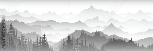 Black and white mountain landscape, panoramic view, vector illustration 
