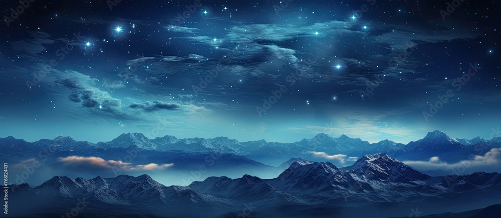 A breathtaking natural landscape with mountains in the foreground under a starry night sky filled with numerous twinkling stars