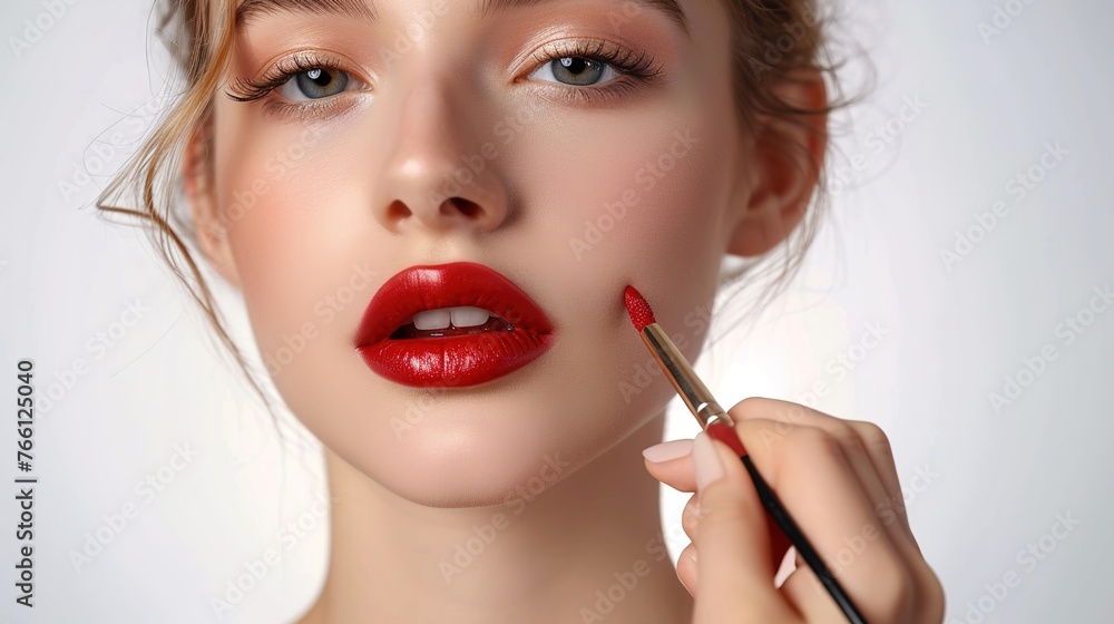 Woman applying lipstick, make up artist applying lip gloss, beauty routine Woman applying lipstick, make up artist applying lip gloss, beauty routine