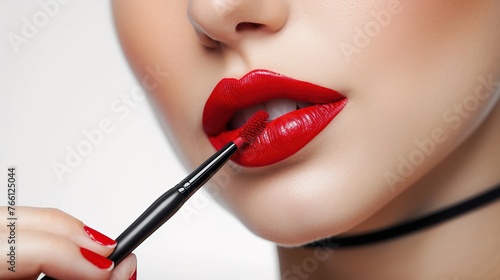 Woman applying lipstick, make up artist applying lip gloss, beauty routine