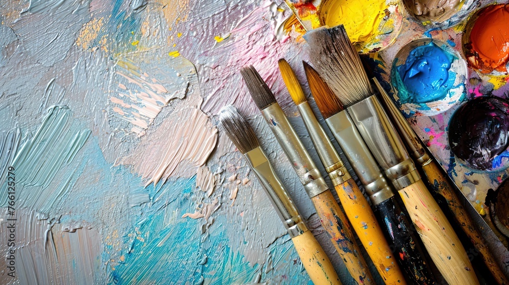 Fototapeta premium Artist canvas coated in oil paints and paintbrushes