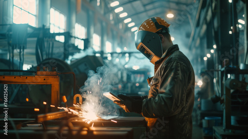 Worker man using tablet control Robotic welding in the industrial factory car