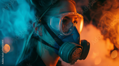 Woman wearing mask to protect against gas or dust pollution