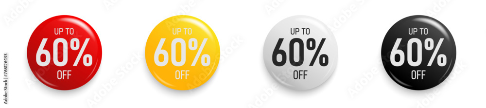 Up to 60 percent Discount. Button sticker mockup banner. Promotion sticker badge set for shopping marketing and advertisement clearance sale, special offer, Save 10 percent. Vector illustration. Up to 60 percent Discount. Button sticker mockup banner. Promotion sticker badge set for shopping marketing and advertisement clearance sale, special offer, Save 10 percent. Vector illustration.
