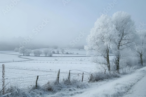 A snow-covered field with a sturdy wooden fence stretching across it, lined with bare trees standing tall against the winter sky, A frosty countryside viewed from a train window, AI Generated photo