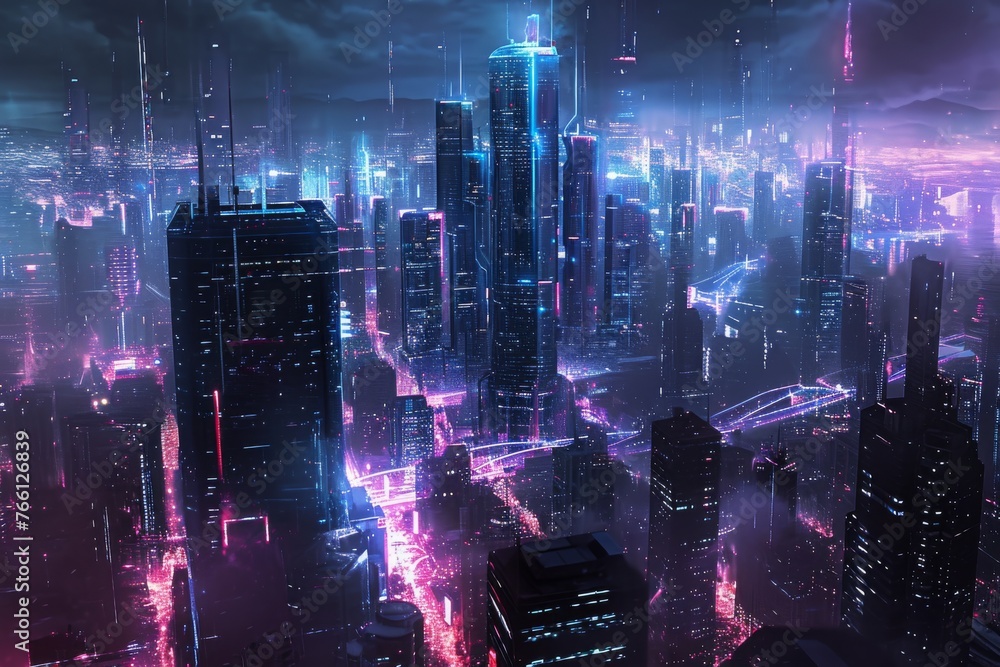 A bustling cityscape illuminated by neon lights, showcasing the vibrant energy of a futuristic metropolis after dusk, A futuristic cityscape on Valentine's Day, AI Generated