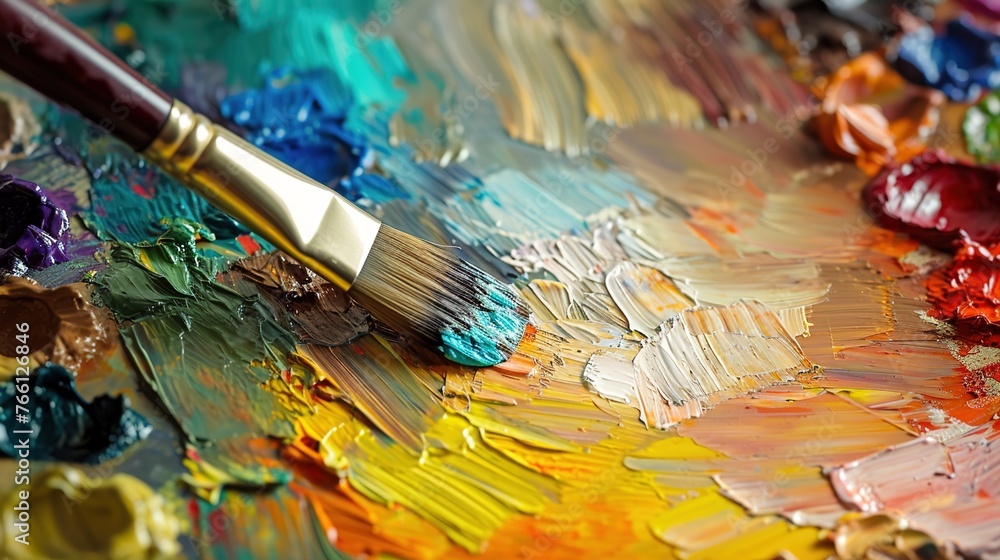 Oil painting on palette with artist brush blended colors. Oil painting on palette with artist brush blended colors.