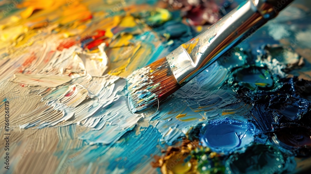 Fototapeta premium Oil painting on palette with artist brush blended colors.