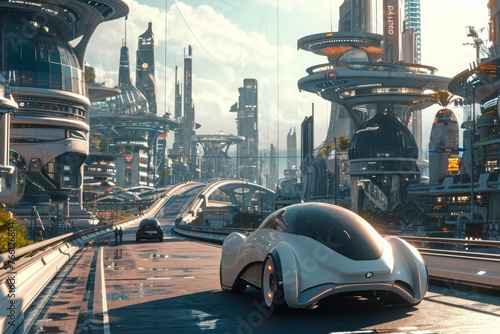 A futuristic cityscape featuring a sleek, cutting-edge car gliding through its high-tech streets, A futuristic city centered around electric vehicles, AI Generated