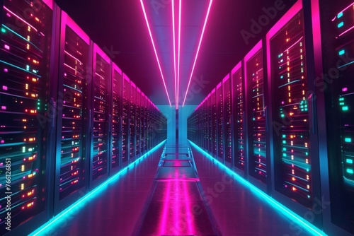 A photo of a long hallway in a data center, filled with rows of servers, A futuristic data center with endless rows of NAS devices, AI Generated
