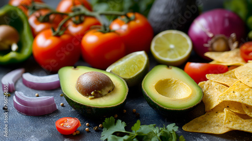 Fresh Avocados, Tomatoes, and Citrus Fruits on Rustic Wooden Background