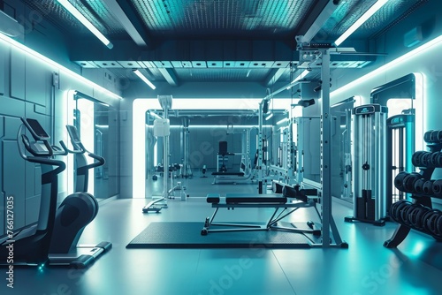 Many gym-goers can be seen exercising on numerous machines and treadmills in a bustling gym setting, A futuristic gym with robotic workout equipment, AI Generated
