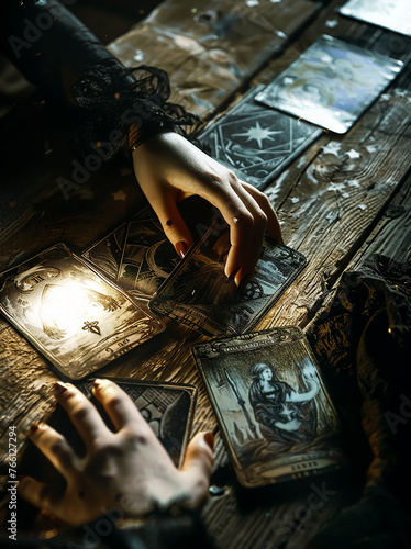 Fortune teller of hands holding THE SUN card and tarot cards on a wooden table near burning candles in candle light.Tarot cards spread on table, black magic