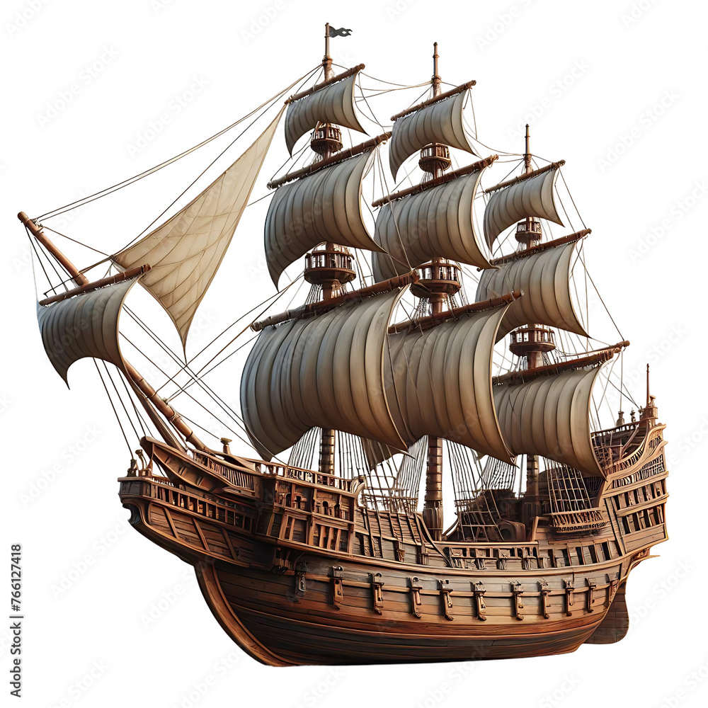 Fototapeta premium Realistic Sailing old pirate ship made with wood isolated on transparent or white background PNG Clipart Illustration Printable