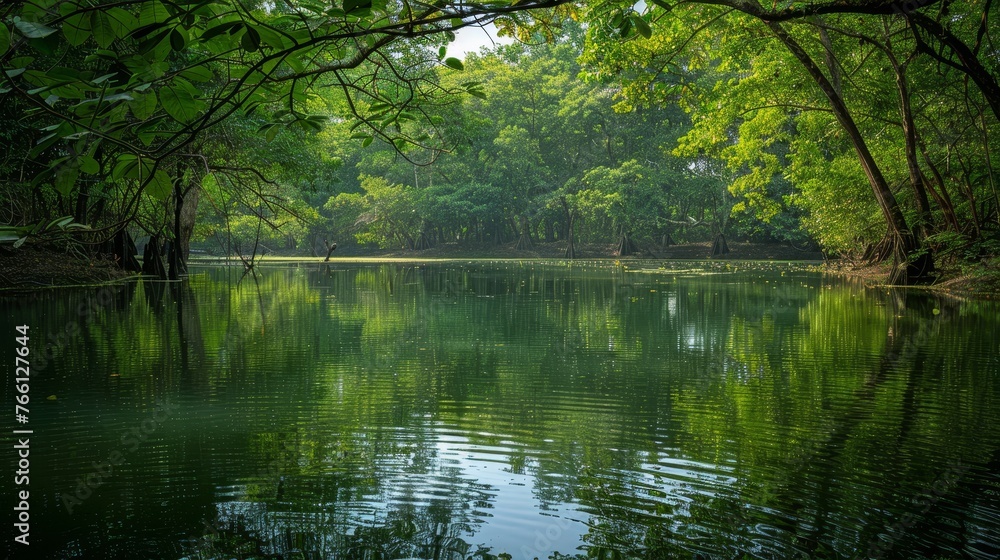 The environment: A tranquil lake surrounded by lush greenery