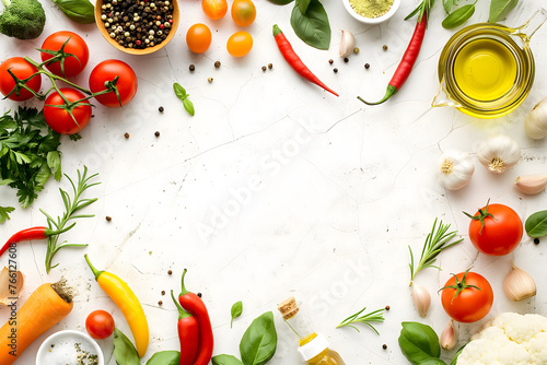 Fresh Vegetables, Spices, and Olive Oil on a Marble Background