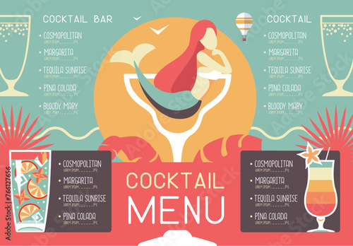 Retro summer restaurant menu design with cocktails and mermaid. Vector illustration