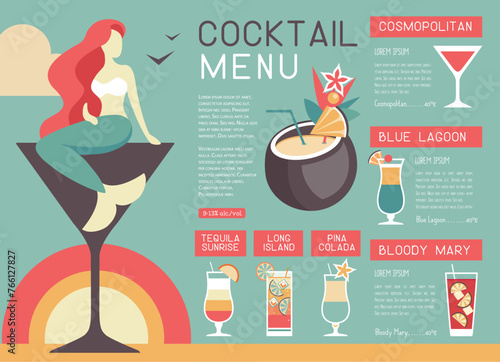 Retro summer restaurant cocktail menu design with mermaid and martini glass. Vector illustration