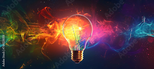 Colorful Light Bulb with Dynamic Smoke on Dark Background