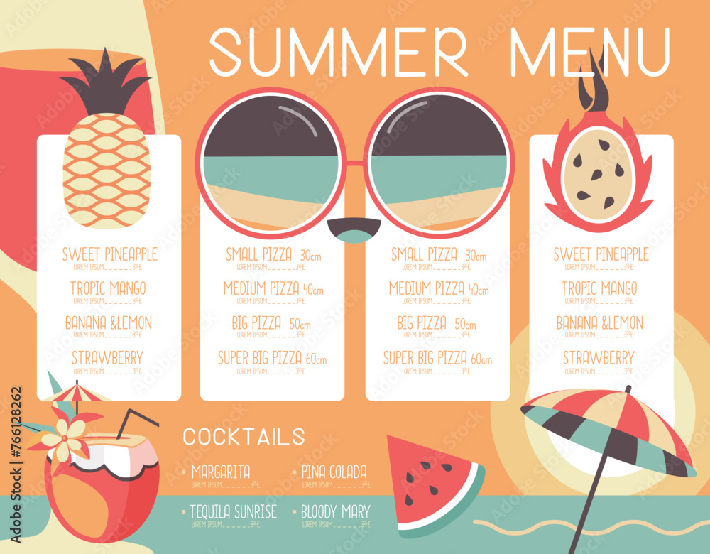Retro summer restaurant menu design with sunglasses, wine glass and pitahaya. Vector illustration