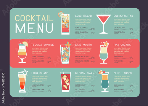 Retro summer restaurant cocktail menu design. Vector illustration