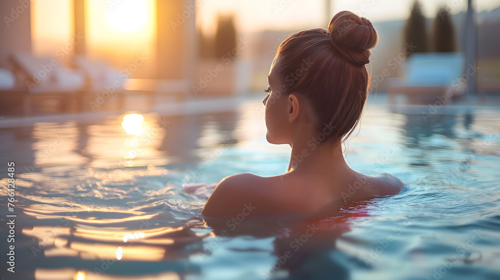 Serene Woman Relaxing in Pool at Sunset with Golden Light Reflection Serene Woman Relaxing in Pool at Sunset with Golden Light Reflection